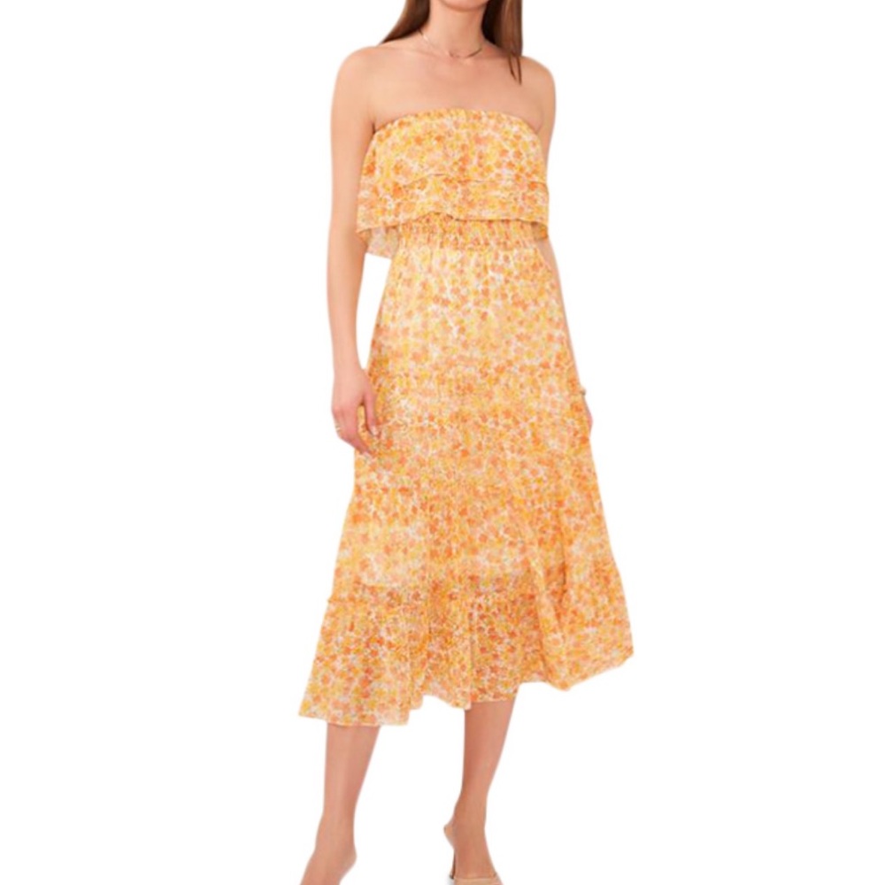 1. State Yellow Floral Strapless Tiered Midi Dress